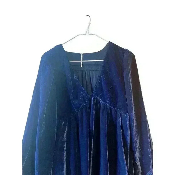 Free People Womens Estella Velvet Mini Dress Tunic Blue 60s Boho Size Small - Picture 7 of 11